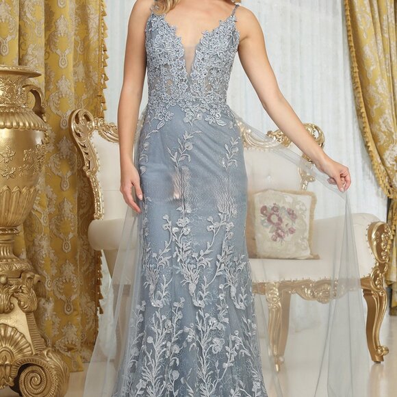 Dusty blue fitted lace applique beaded dress with lace up open back - Picture 1 of 8